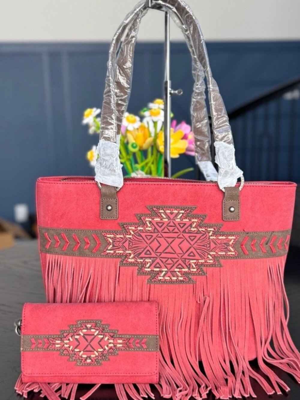 Trinity Ranch Aztec Tooled Fringe Concealed Carry Tote + Wallet Burgundy